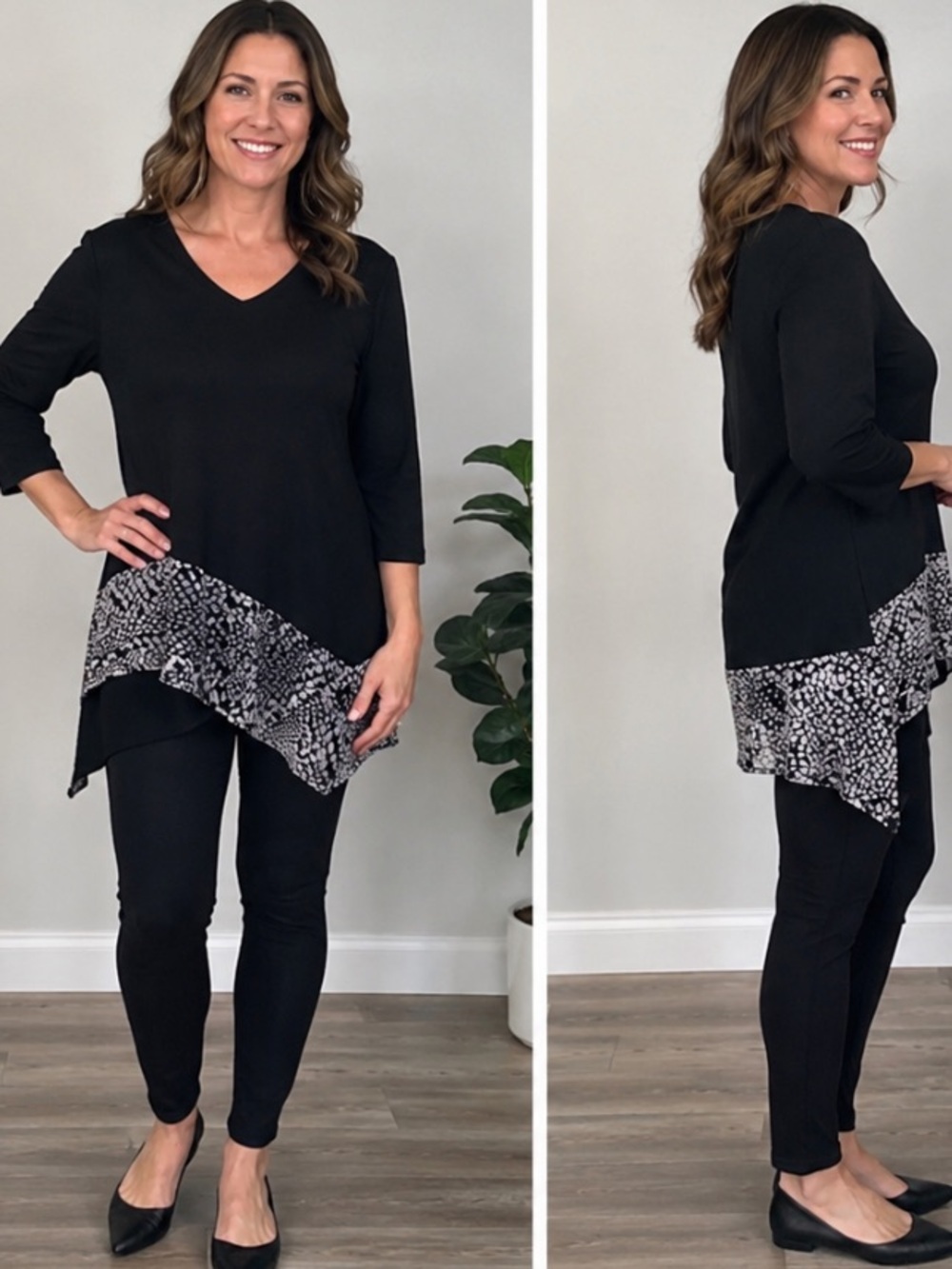 Vecceli Italy Black Mixed-Media Tunic Top – Animal Print Asymmetrical Hem